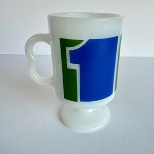 Vintage Milk Glass Footed Mug with Blue and Green Number 1 Graphic #1